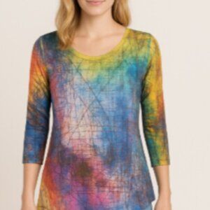 Jess & Jane Tunic Size Small Blue Yellow Asymmetric Hem Abstract Sequin Boho